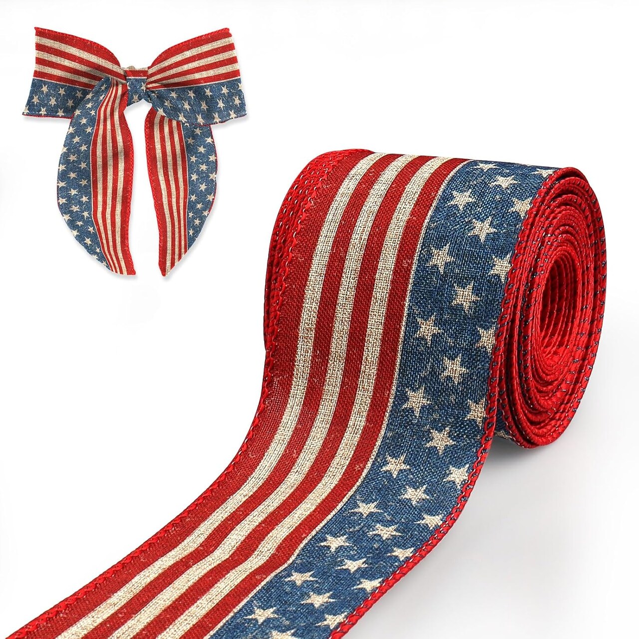 4th of July Patriotic Wired Ribbon – 2.5" x 10 Yards Red & Blue Burlap Ribbon, American Flag & Star Pattern for Crafts, Wreaths, Gift Wrapping, Memorial Day & Independence Day Decorations
